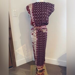 Johanna Ortiz Burgundy and Cream Geometric Print Wrap Dress Silk Jersey